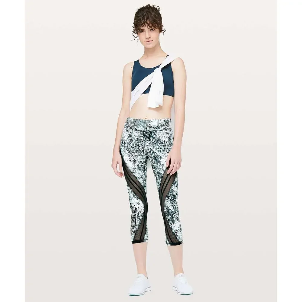 Lululemon Never Still Crop 21" Leggings Wildwood White Nocturnal Teal Mesh Sz 6 - Picture 12 of 12